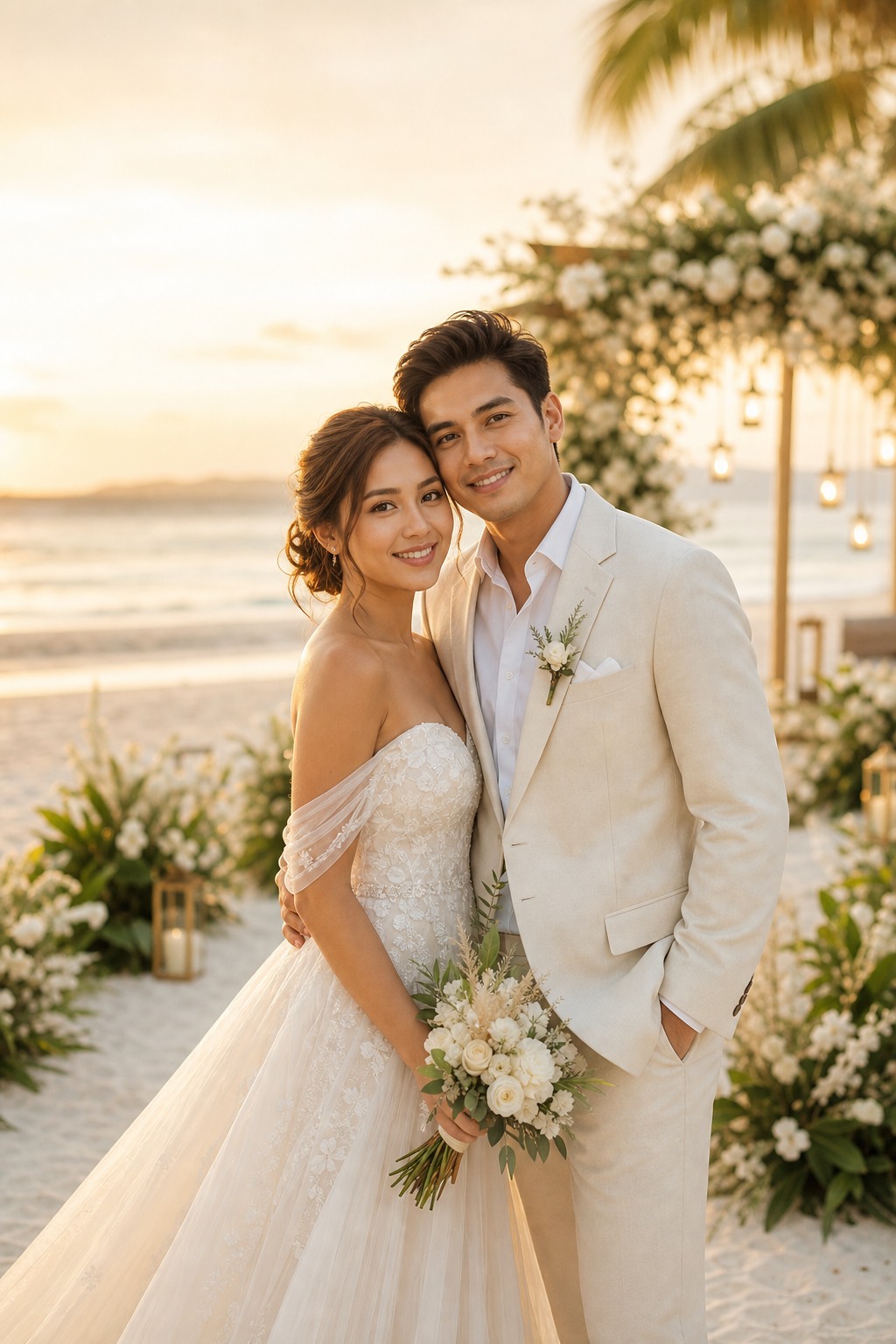 A Filipino bride and groom at a luxury Boracay beach wedding